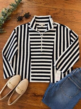 Talbots Petite XL NWT Textured Stripe Pullover Navy Cream 1/4 Zip Coastal Preppy
